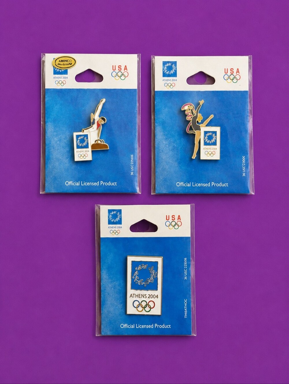 AMINCO 2004 Athens Olympics Female and Male Gymnasts Collector Hat Lapel Pins